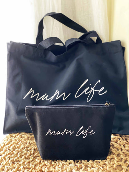 Duo pochette zipee et shopping bag noir mum life