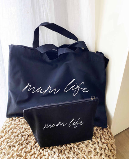 Duo pochette zipee et shopping bag noir mum life