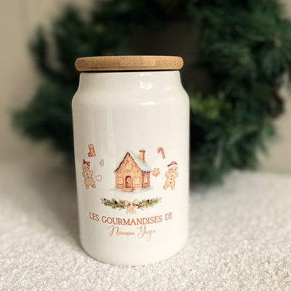 Boîte hermétique personnalisée en céramique – Décor maison et bonhomme pain d’épices – Cadeau gourmand pour enfants et famille
