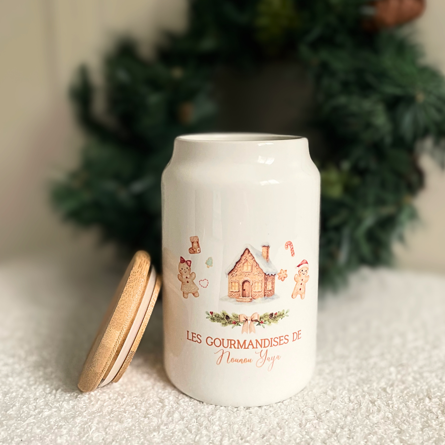 Boîte hermétique personnalisée en céramique – Décor maison et bonhomme pain d’épices – Cadeau gourmand pour enfants et famille